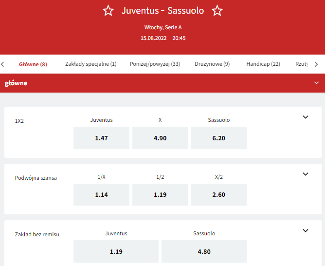 Fuksiarz zakład na Juventus - Sassuolo